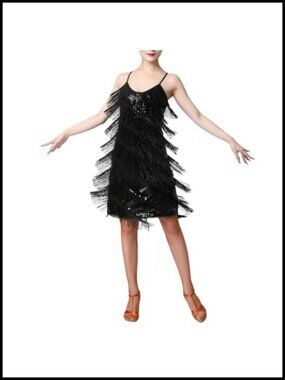 Latin Dance Dress Sequin Tassel Spaghetti Strap Salsa Ballroom Costume